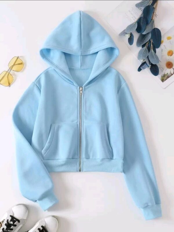 Women's Solid Cropped Padded Zip-Up Hoodie with Drop Shoulders – Long Sleeve Top - Image 2