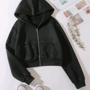 Women's Solid Cropped Padded Zip-Up Hoodie with Drop Shoulders – Long Sleeve Top