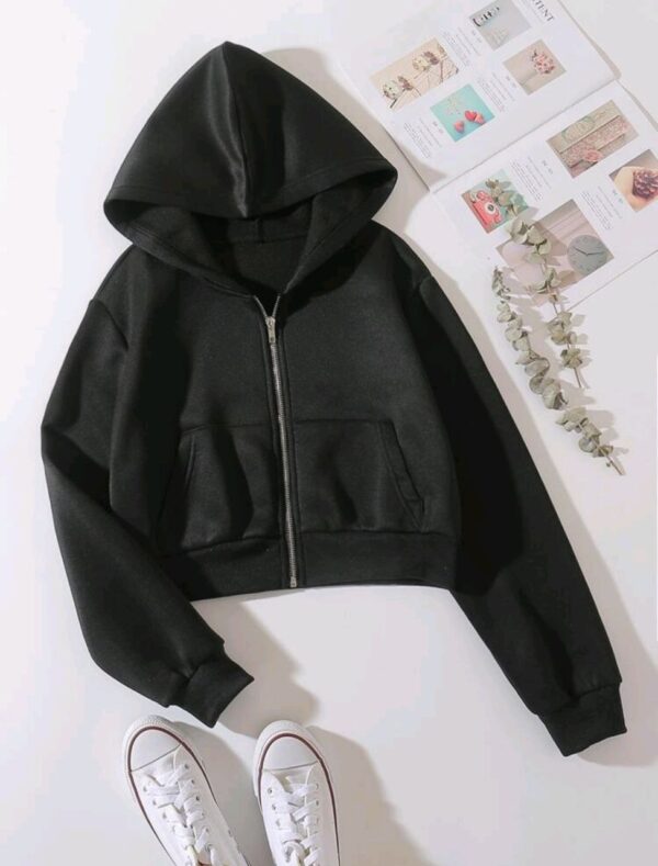 Women's Solid Cropped Padded Zip-Up Hoodie with Drop Shoulders – Long Sleeve Top