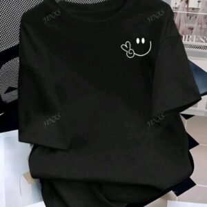 Loose-Fit Casual Short Sleeve T-Shirt for Women, Korean Y2K Style with Geometric Print, Round Neckline